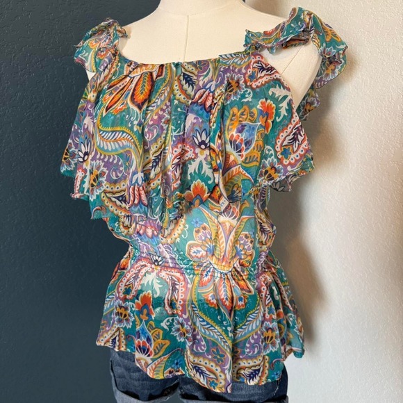 ya da Tops - 100% Silk Paisley Floral Ruffle Tank, Small